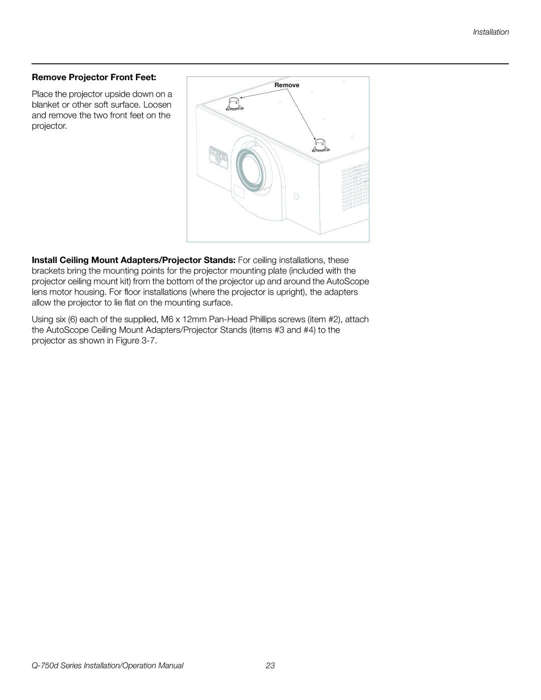 Runco Q-750D operation manual Remove Projector Front Feet 