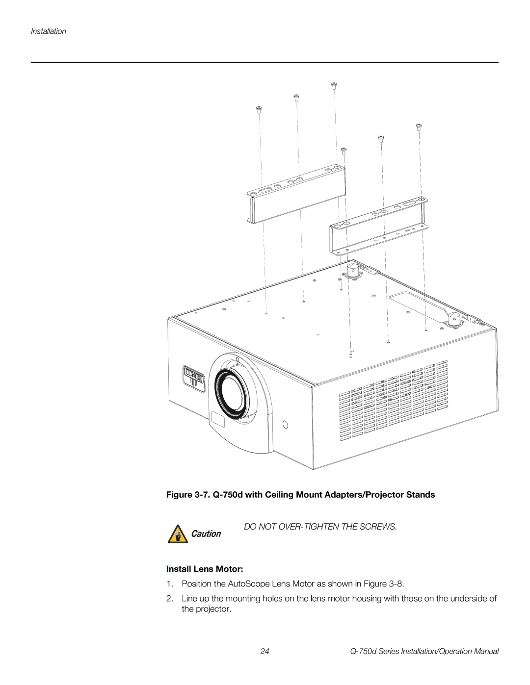 Runco Q-750D operation manual Q-750d with Ceiling Mount Adapters/Projector Stands, Install Lens Motor 