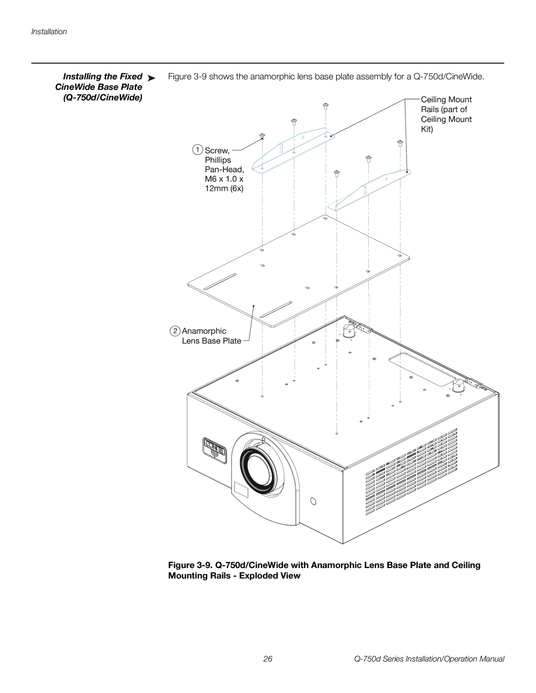 Runco Q-750D operation manual Installing the Fixed, CineWide Base Plate 750d/CineWide 