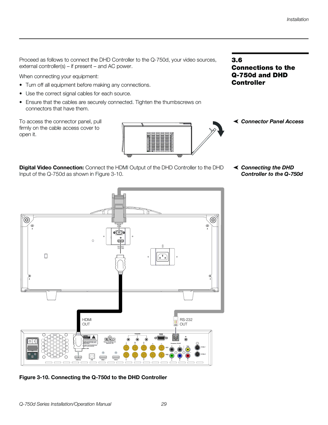 Runco Q-750D operation manual Connections to the Q-750d and DHD Controller, Connector Panel Access 