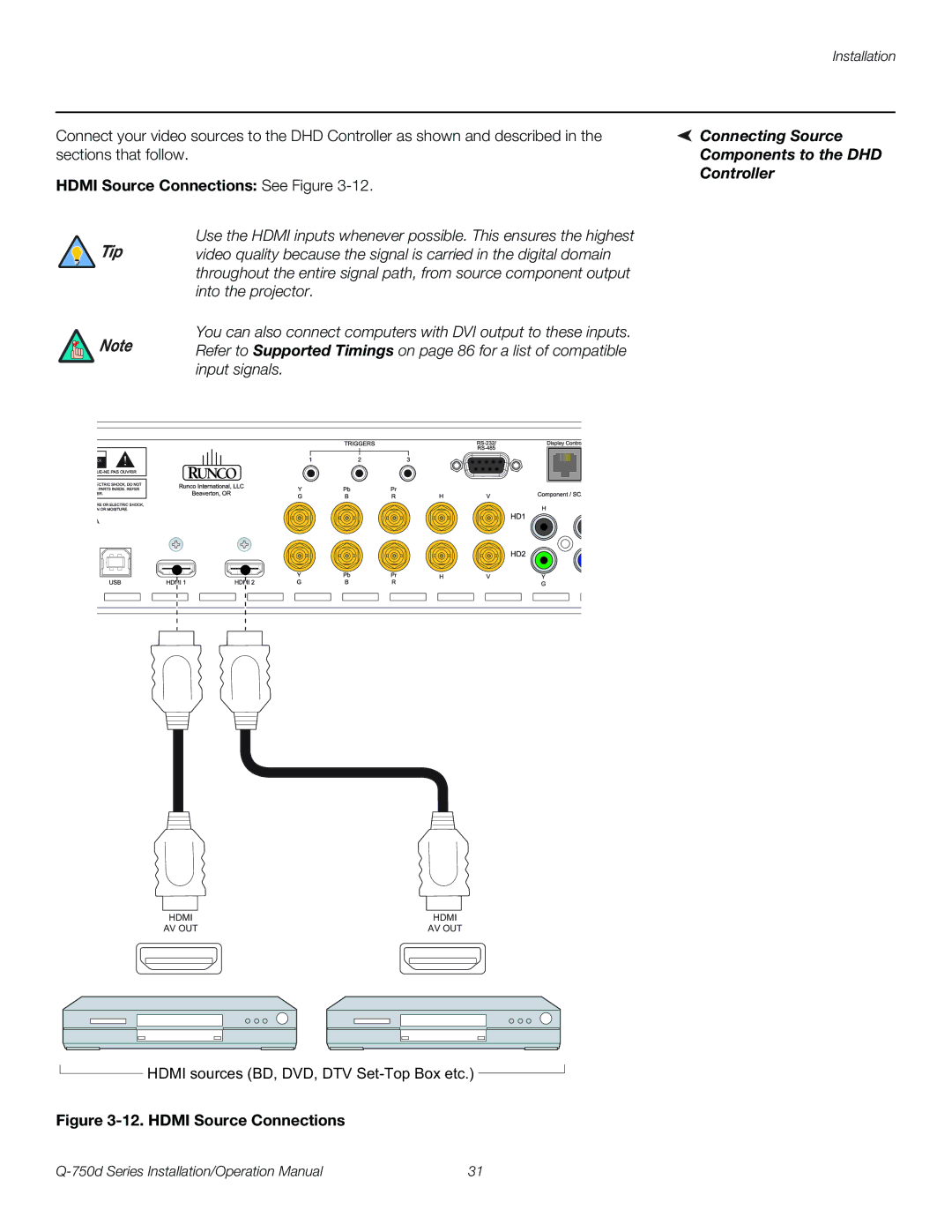 Runco Q-750D operation manual Connecting Source, Components to the DHD, Hdmi Source Connections See Figure, Controller 