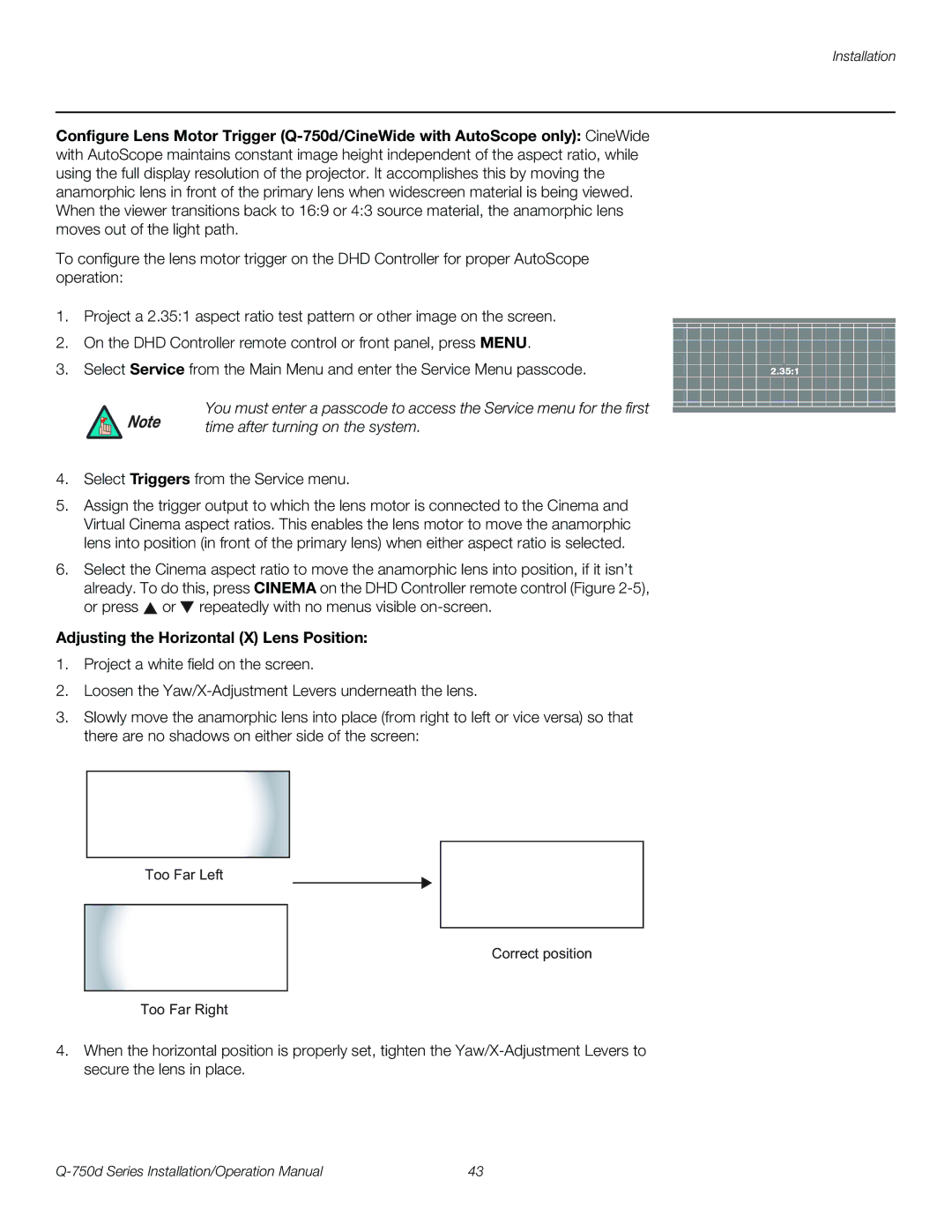 Runco Q-750D operation manual Time after turning on the system, Adjusting the Horizontal X Lens Position 