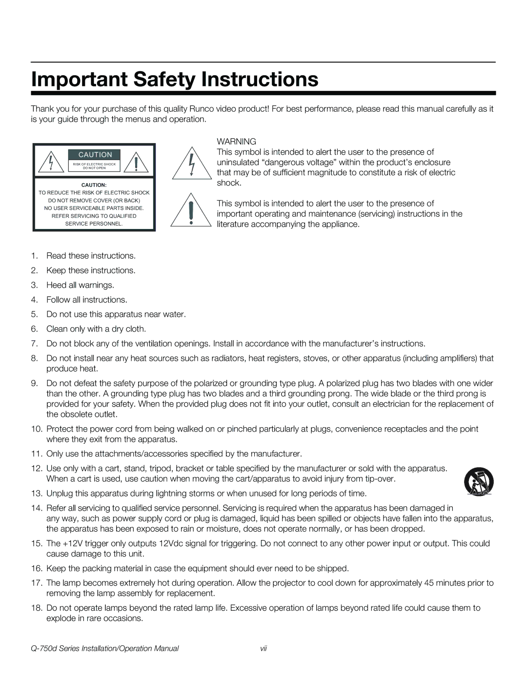 Runco Q-750D operation manual Important Safety Instructions 