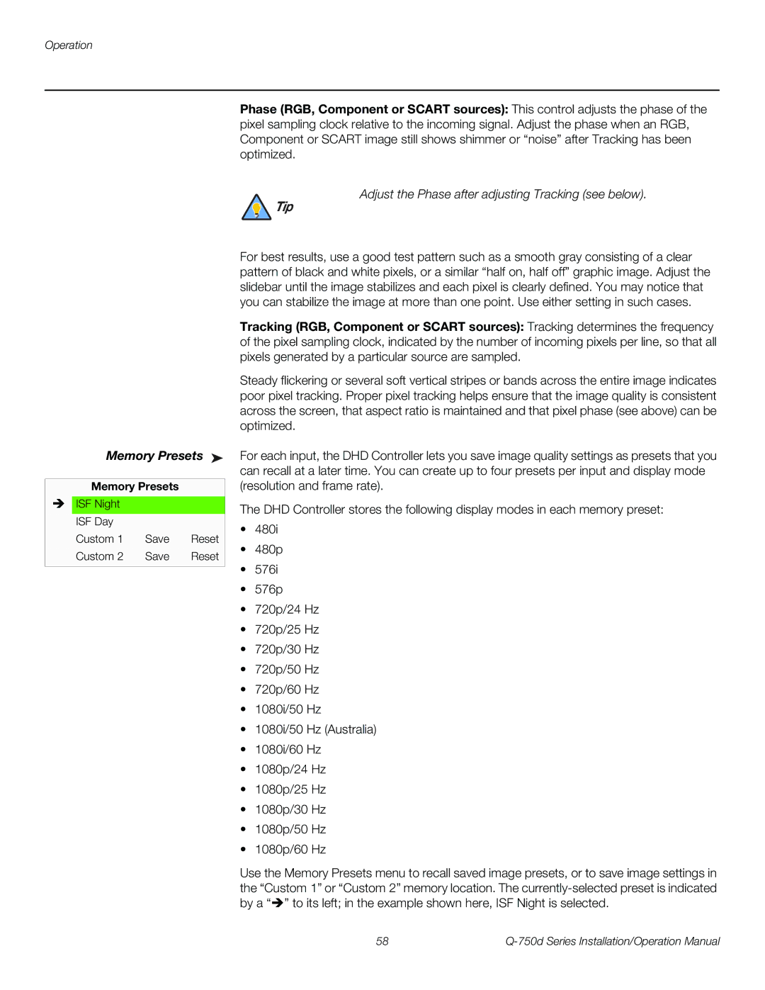 Runco Q-750D operation manual Memory Presets, Adjust the Phase after adjusting Tracking see below 