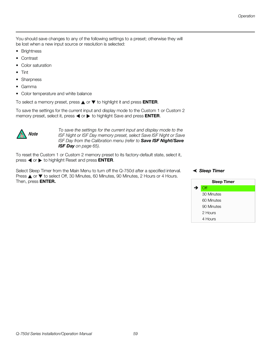 Runco Q-750D operation manual Sleep Timer 