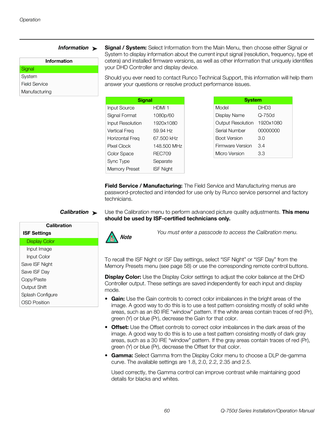 Runco Q-750D operation manual Information, Calibration, Should be used by ISF-certified technicians only 