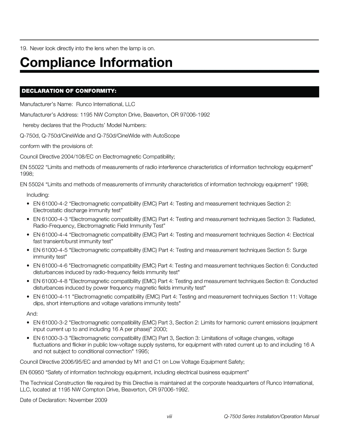 Runco Q-750D operation manual Compliance Information, Declaration of Conformity 