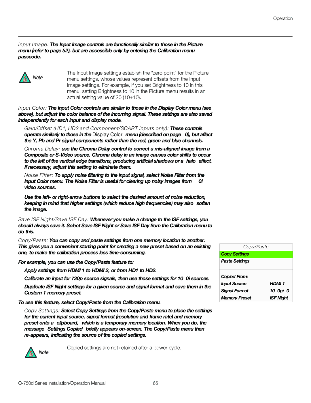 Runco Q-750D operation manual Copied settings are not retained after a power cycle, Copy/Paste 