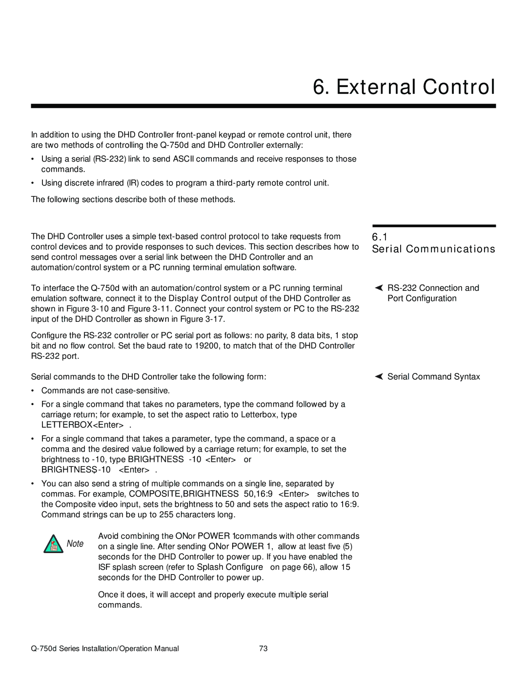 Runco Q-750D External Control, Serial Communications, RS-232 Connection, Port Configuration, Serial Command Syntax 