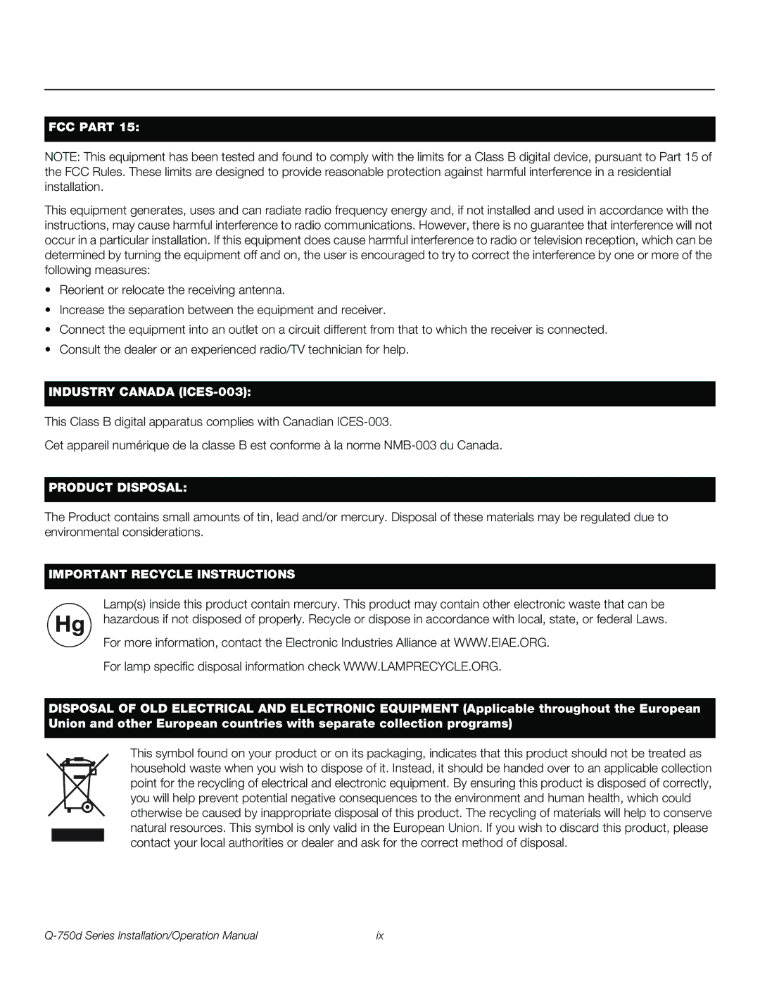 Runco Q-750D operation manual FCC Part 