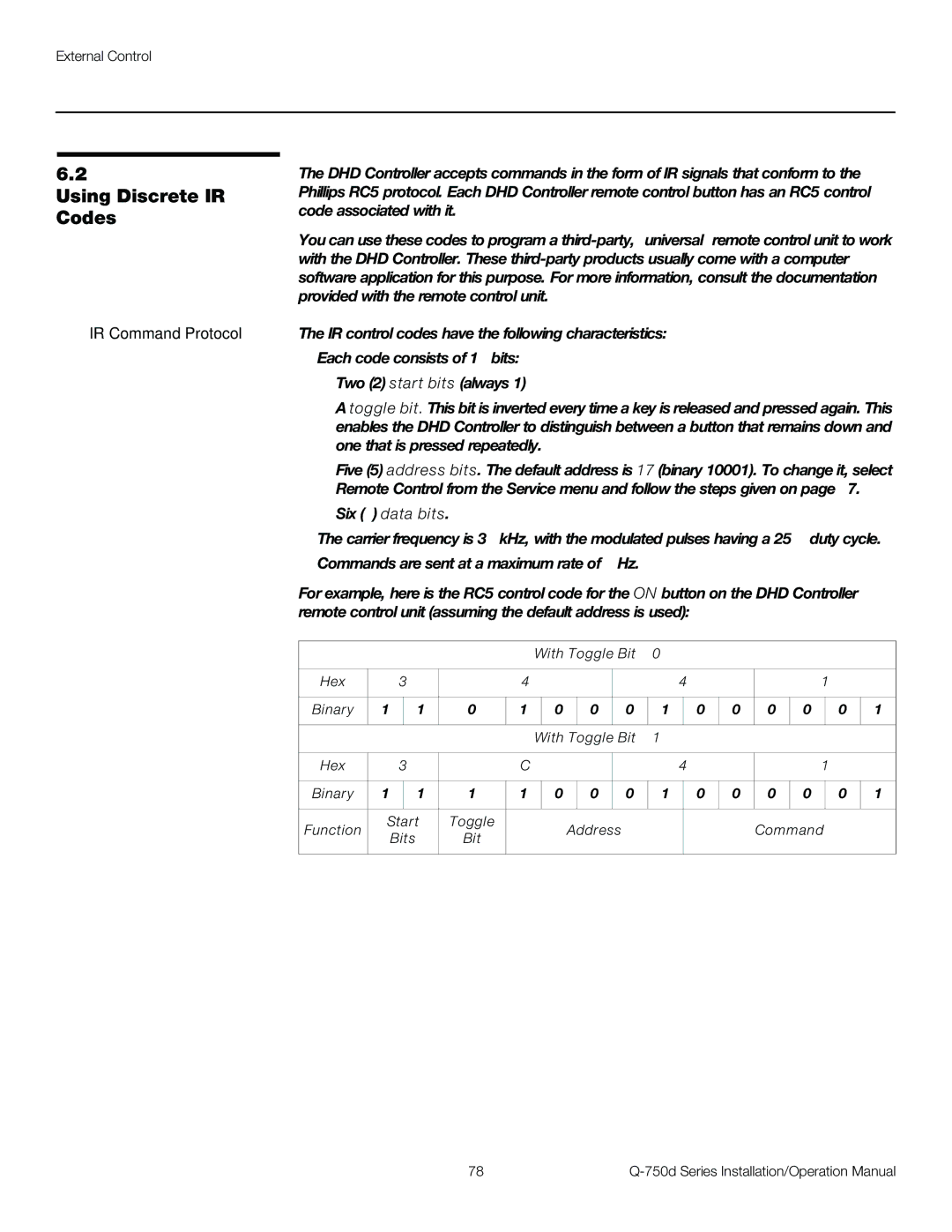 Runco Q-750D operation manual Using Discrete IR Codes, With Toggle Bit = Hex Binary Function Start, Command Bits 