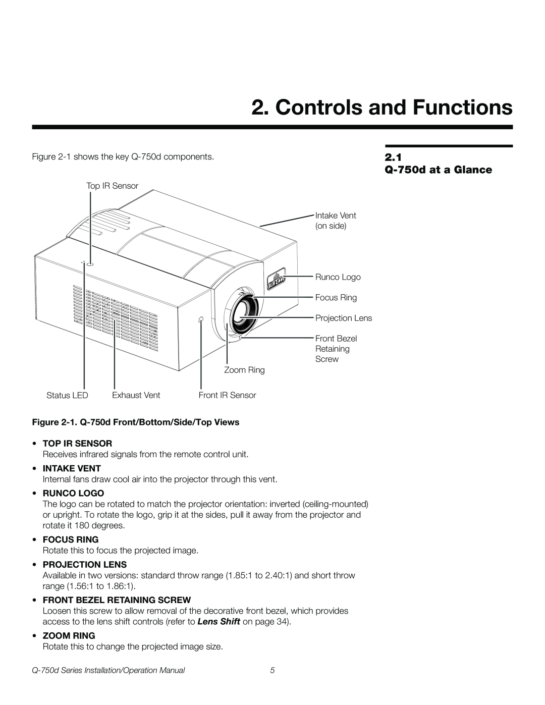 Runco Q-750D Controls and Functions, 2.1 Q-750dat a Glance, 1. Q-750dFront/Bottom/Side/Top Views, •Top Ir Sensor 