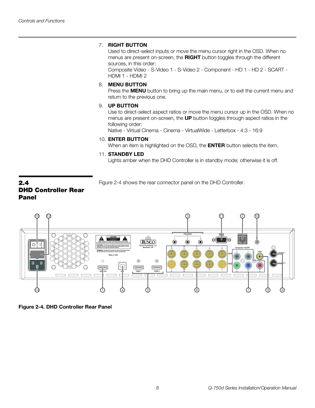 Runco Q-750D operation manual DHD Controller Rear Panel, Right Button, Menu Button, Up Button, Enter Button, Standby Led 