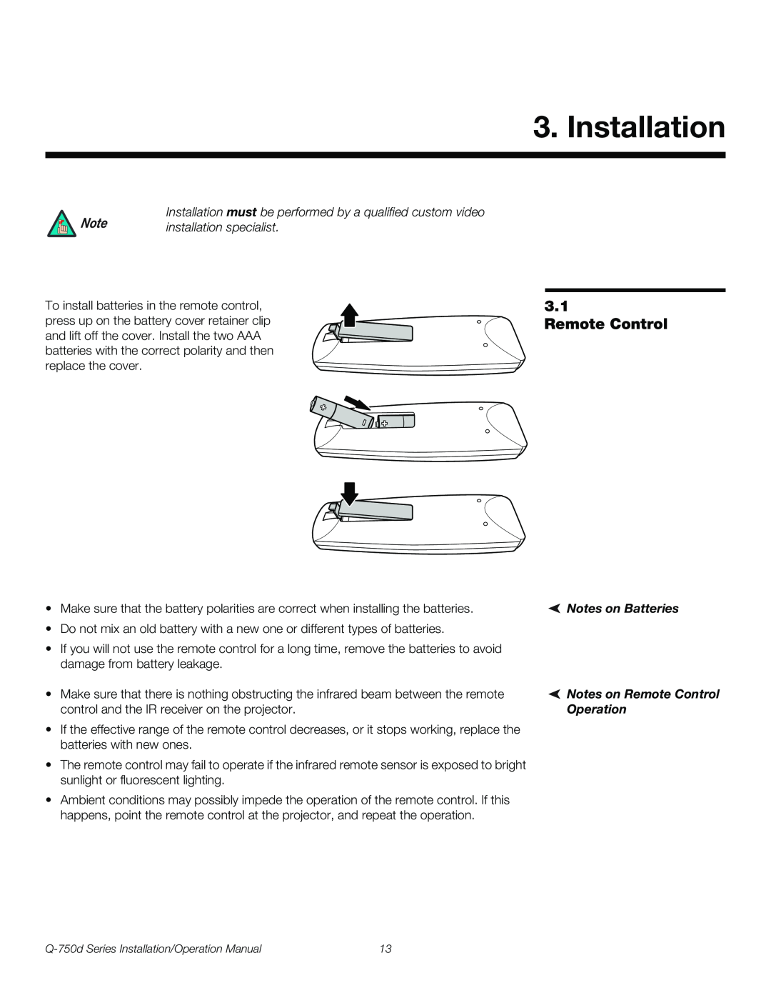 Runco Q-750D operation manual Installation, Remote Control 