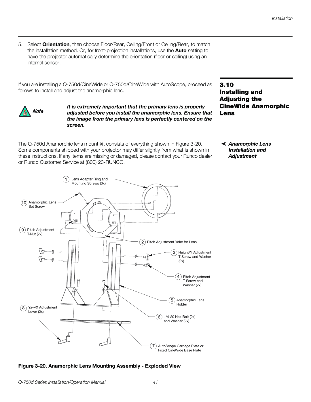 Runco Q-750D operation manual Anamorphic Lens Installation and Adjustment 