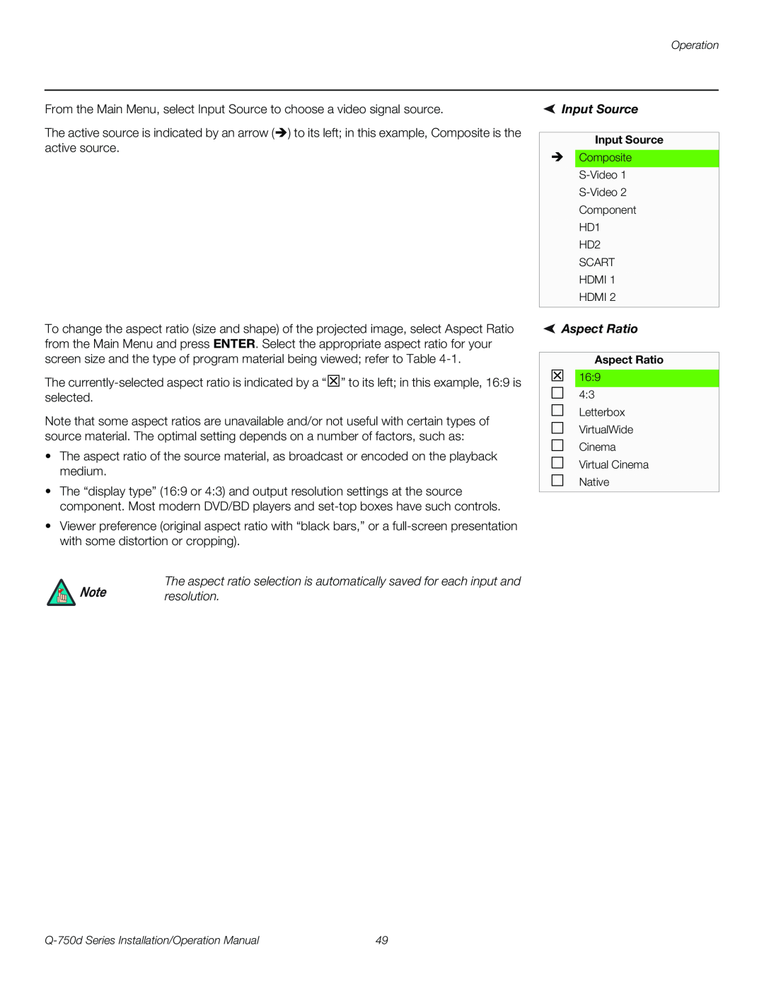 Runco Q-750D operation manual Input Source, Note resolution, Aspect Ratio 