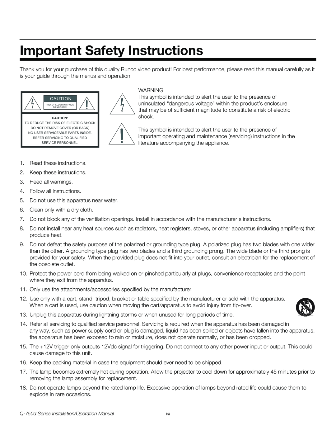 Runco Q-750D operation manual Important Safety Instructions 