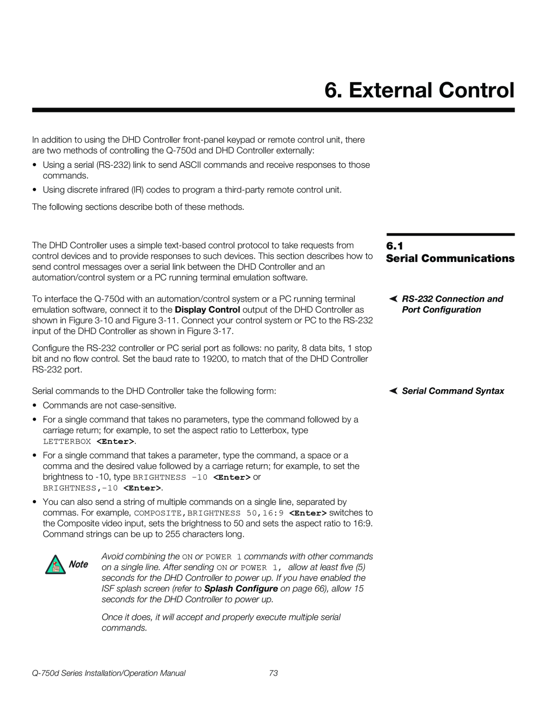 Runco Q-750D operation manual External Control, Serial Communications 