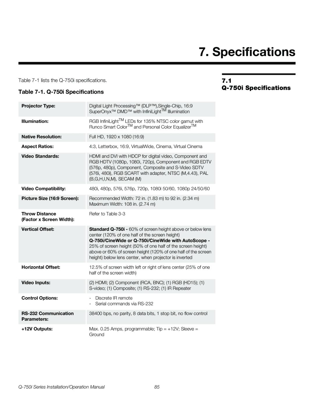 Runco Q-750I operation manual Q-750i Specifications 