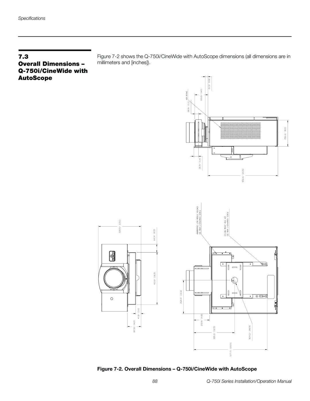 Runco Q-750I operation manual Overall Dimensions Q-750i/CineWide with AutoScope 