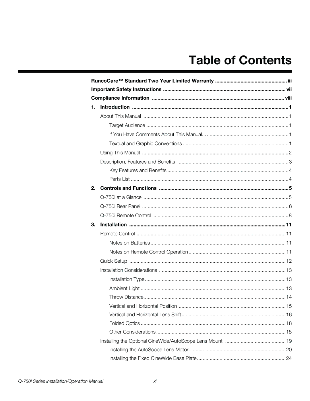 Runco Q-750I operation manual Table of Contents 