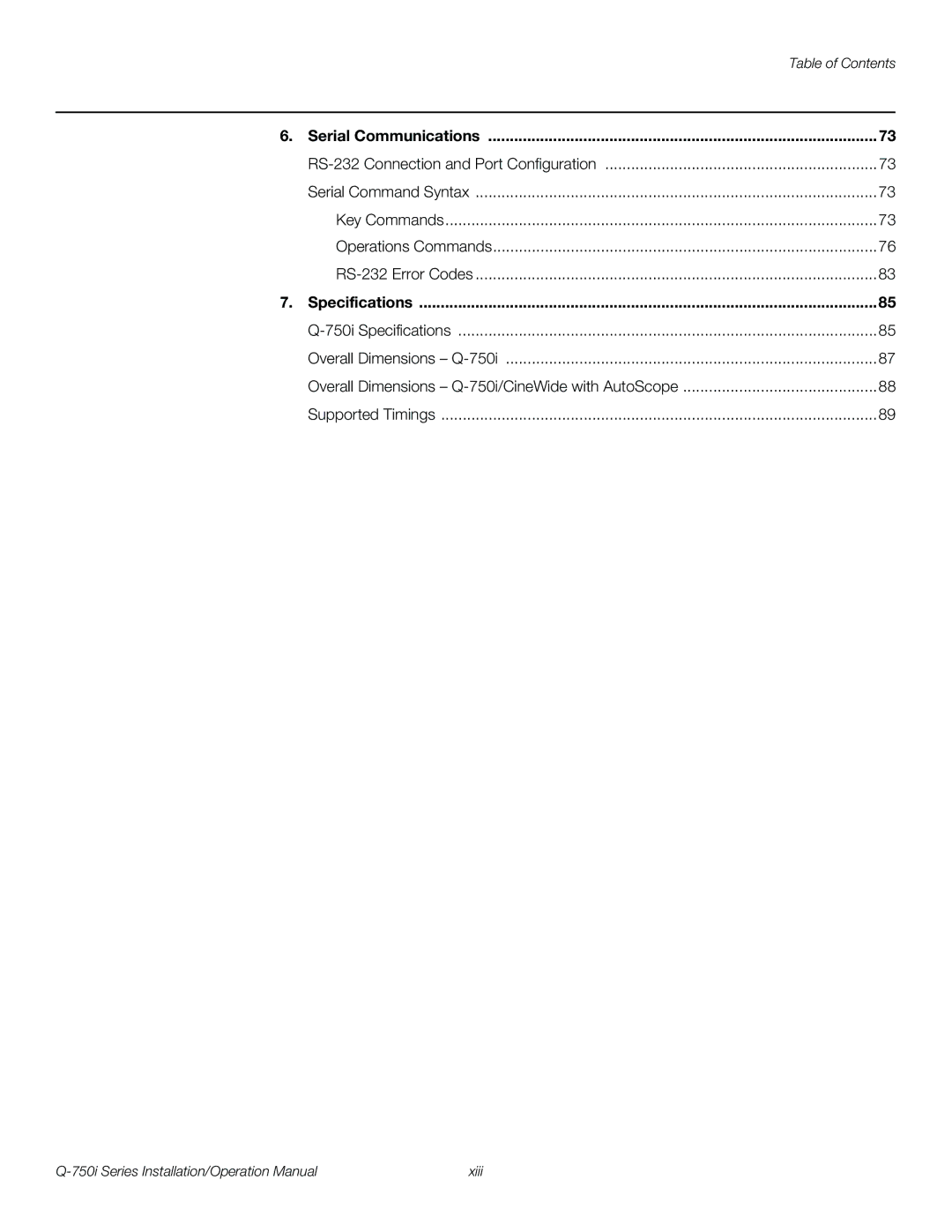 Runco Q-750I operation manual Serial Communications, Specifications 