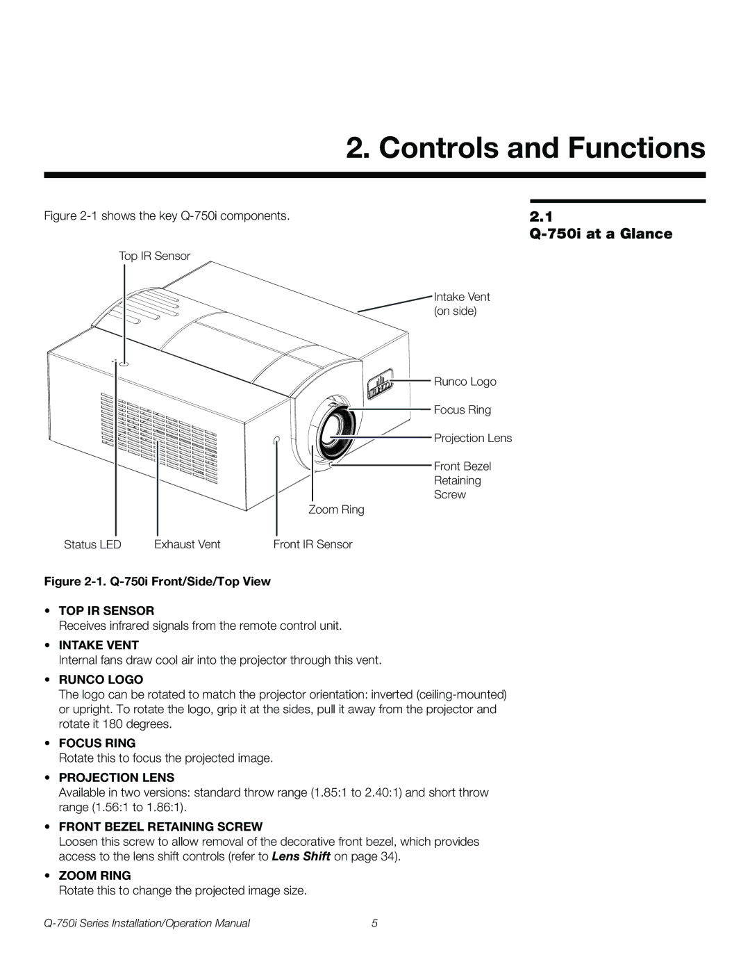 Runco Q-750I operation manual Controls and Functions, 750i at a Glance 