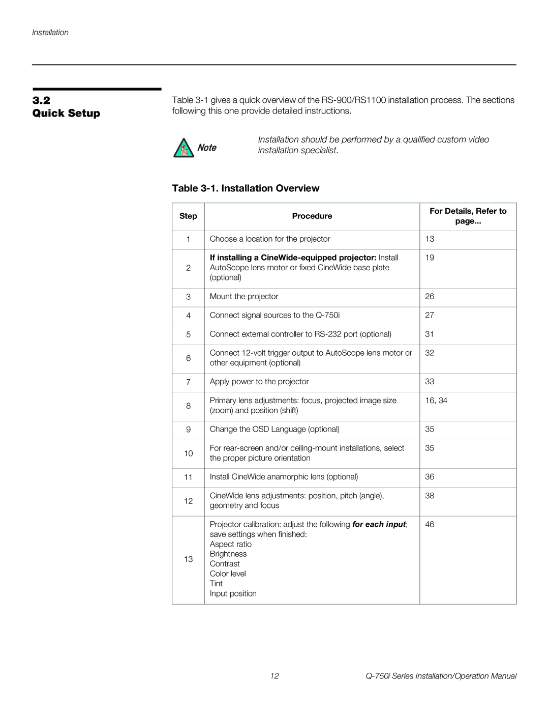 Runco Q-750I operation manual Quick Setup, Installation Overview, Procedure For Details, Refer to 