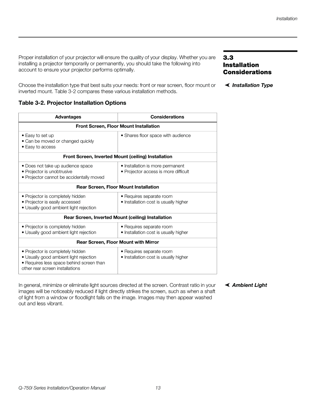 Runco Q-750I operation manual Installation Considerations, Projector Installation Options, Installation Type, Ambient Light 