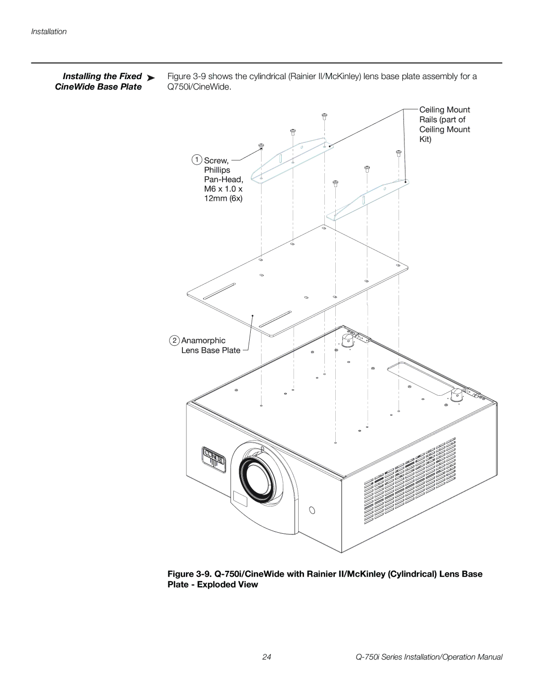 Runco Q-750I operation manual Installing the Fixed, CineWide Base Plate 