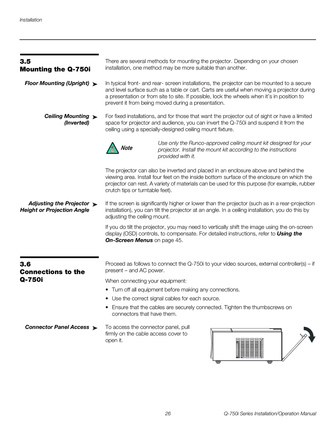 Runco Q-750I operation manual Mounting the Q-750i, Connections to 