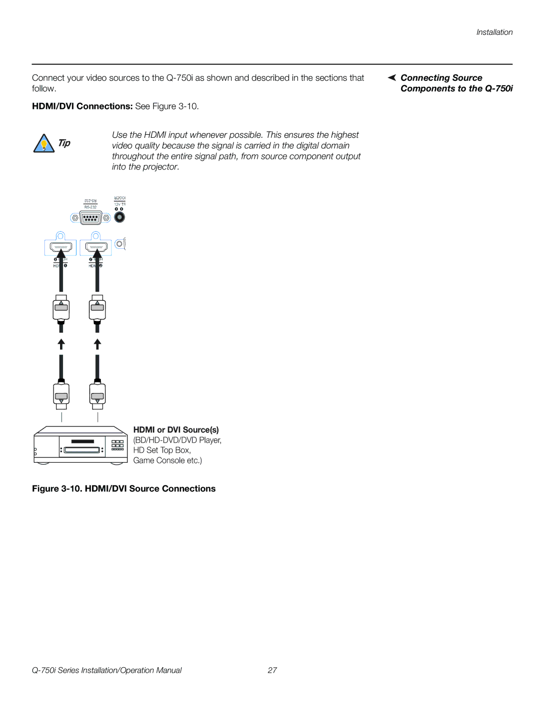 Runco Q-750I operation manual Connecting Source, Components to the Q-750i, HDMI/DVI Connections See Figure 