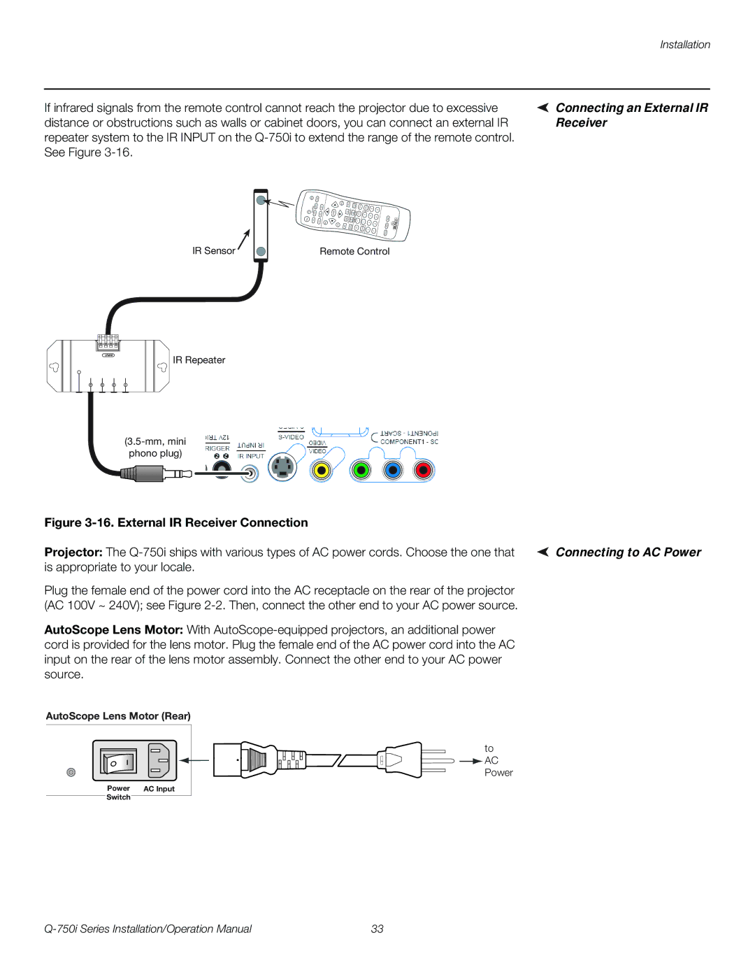 Runco Q-750I operation manual Connecting an External IR, Receiver, Connecting to AC Power 