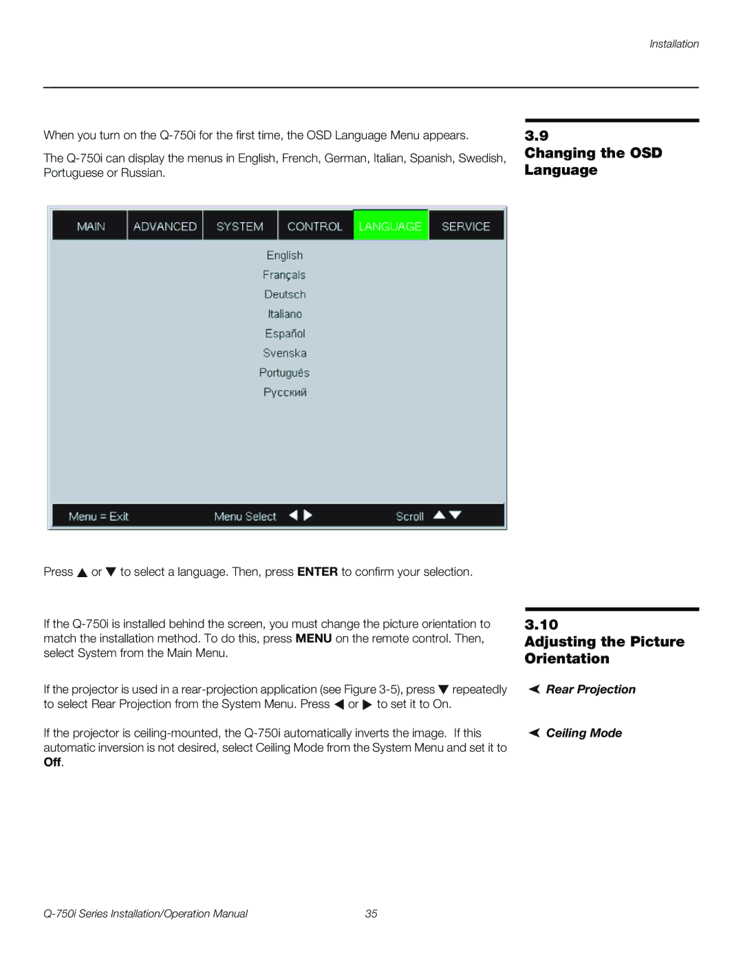 Runco Q-750I operation manual Changing the OSD Language Adjusting the Picture Orientation, Rear Projection Ceiling Mode 