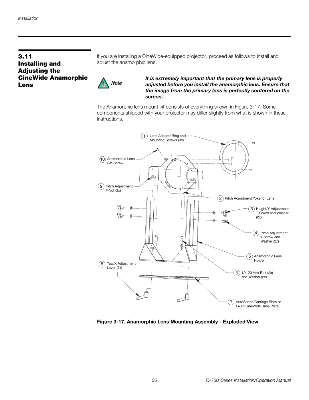 Runco Q-750I operation manual Installing and Adjusting the CineWide Anamorphic Lens 