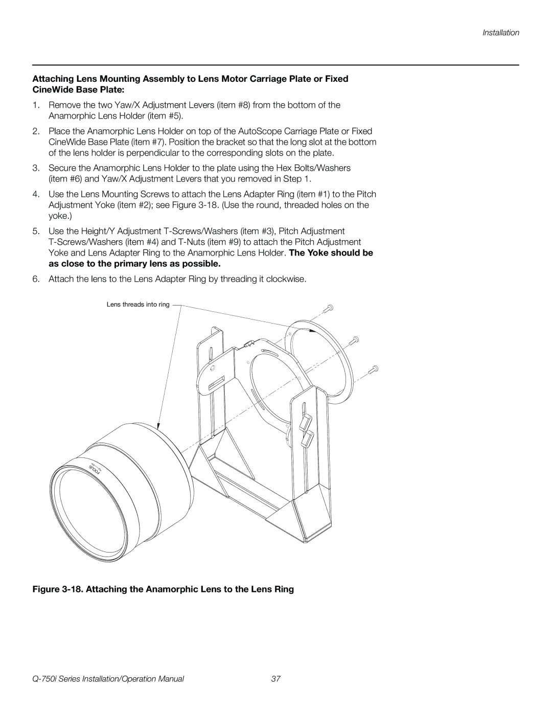 Runco Q-750I operation manual Attaching the Anamorphic Lens to the Lens Ring 