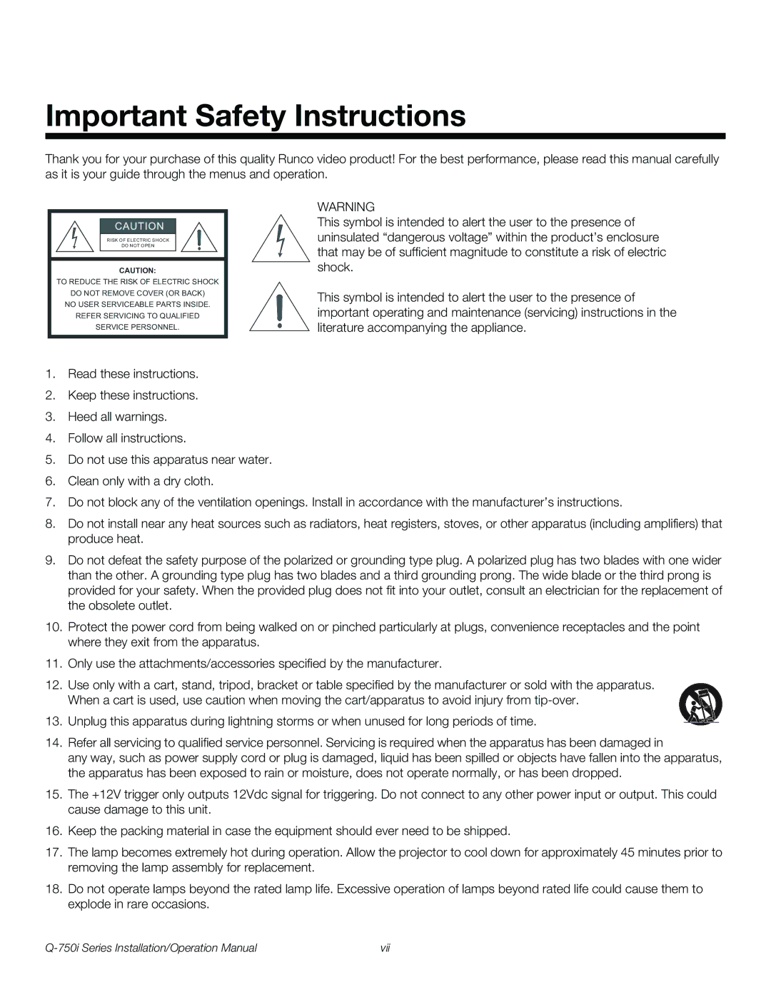 Runco Q-750I operation manual Important Safety Instructions 