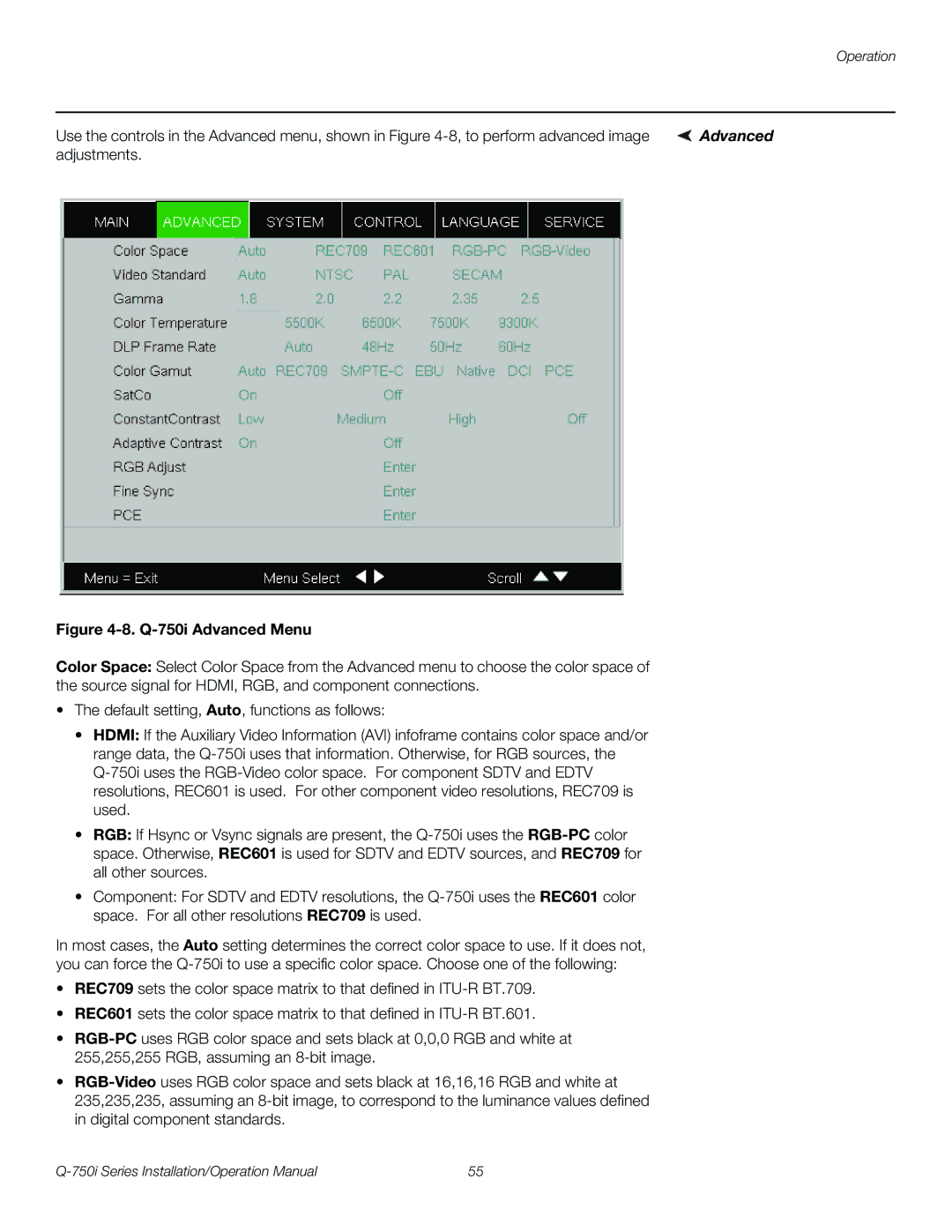 Runco Q-750I operation manual Q-750i Advanced Menu 