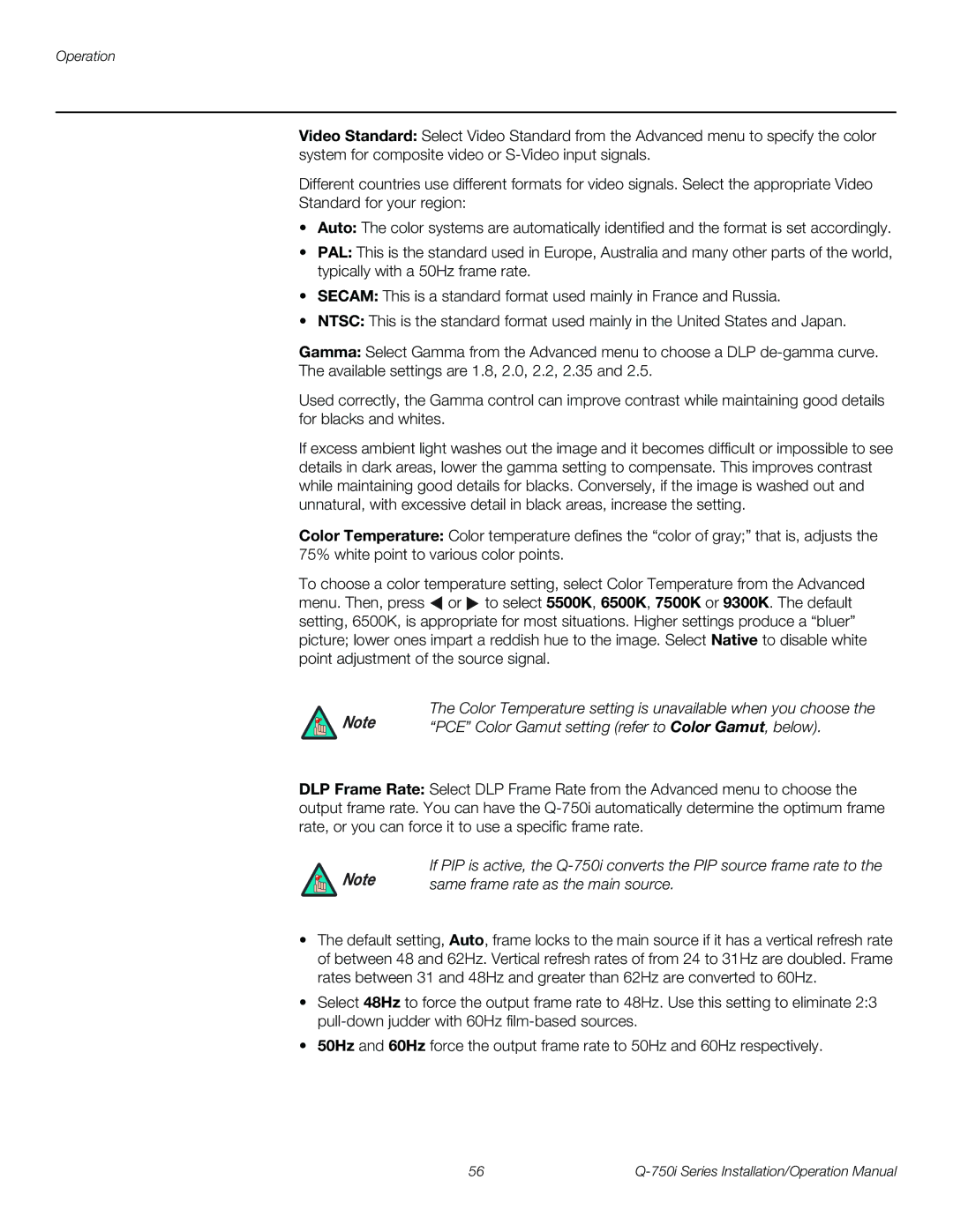 Runco Q-750I operation manual PCE Color Gamut setting refer to Color Gamut, below 