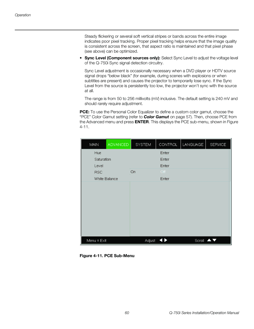 Runco Q-750I operation manual PCE Sub-Menu 