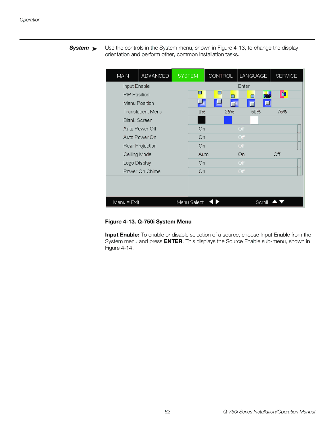 Runco Q-750I operation manual 13. Q-750i System Menu 