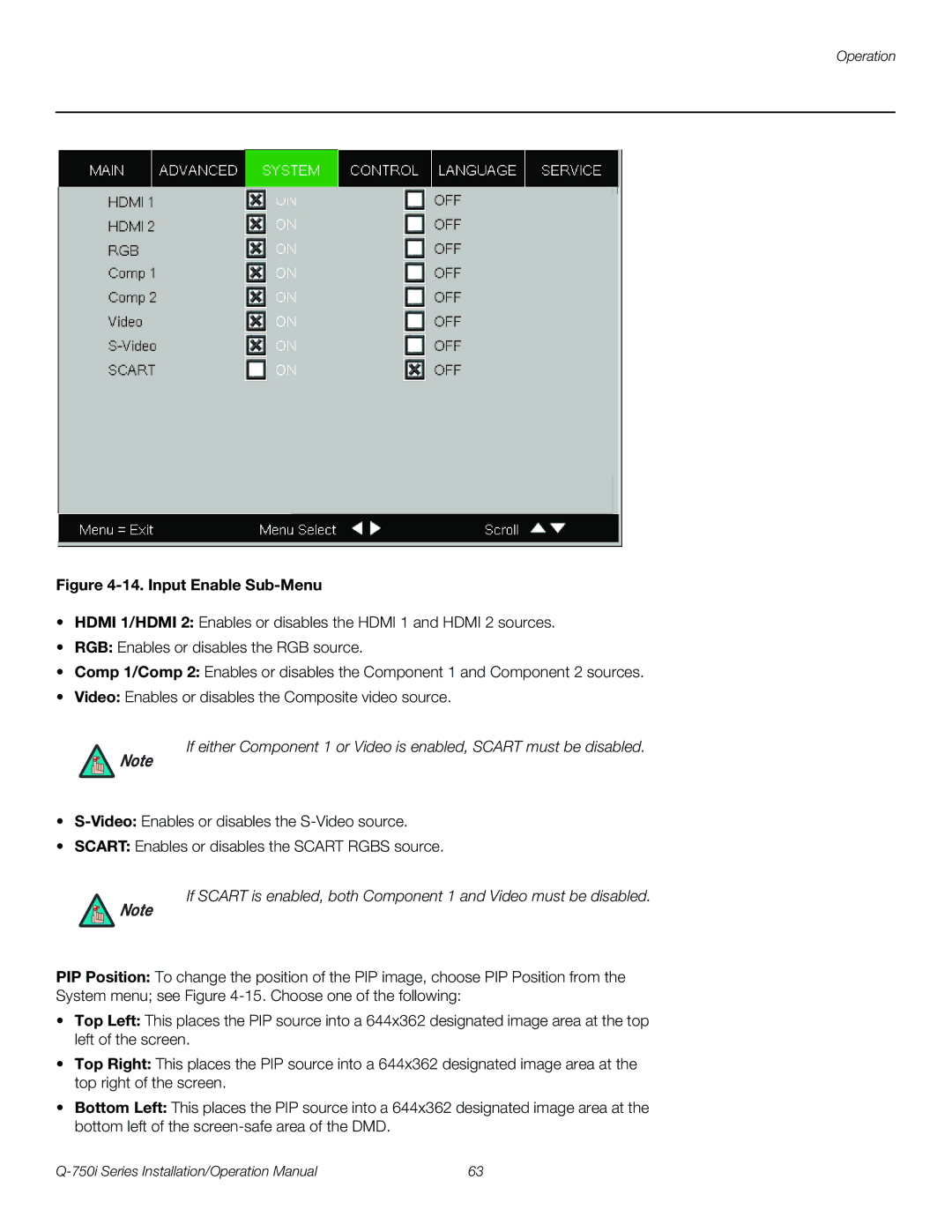 Runco Q-750I operation manual Input Enable Sub-Menu 