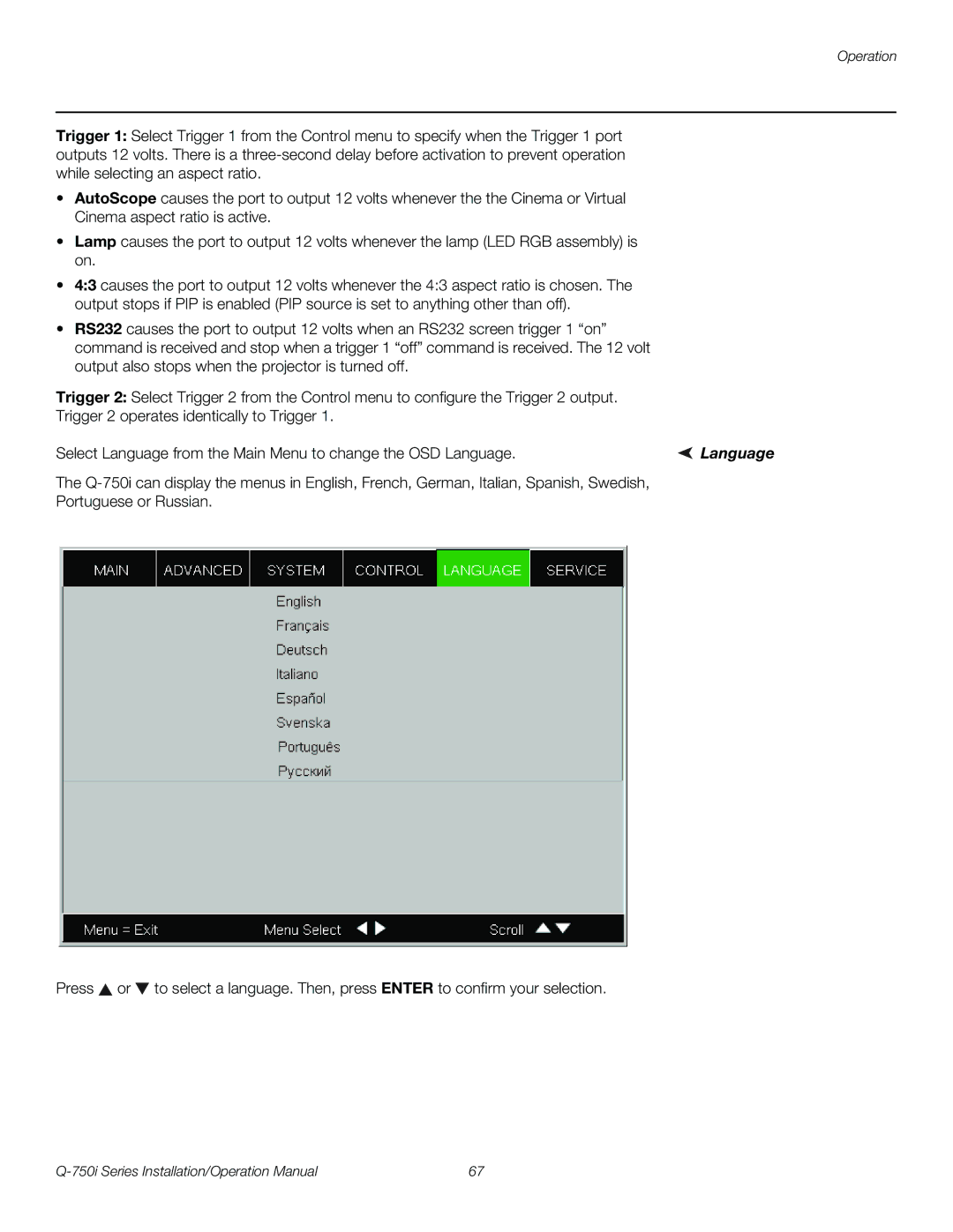 Runco Q-750I operation manual Language 