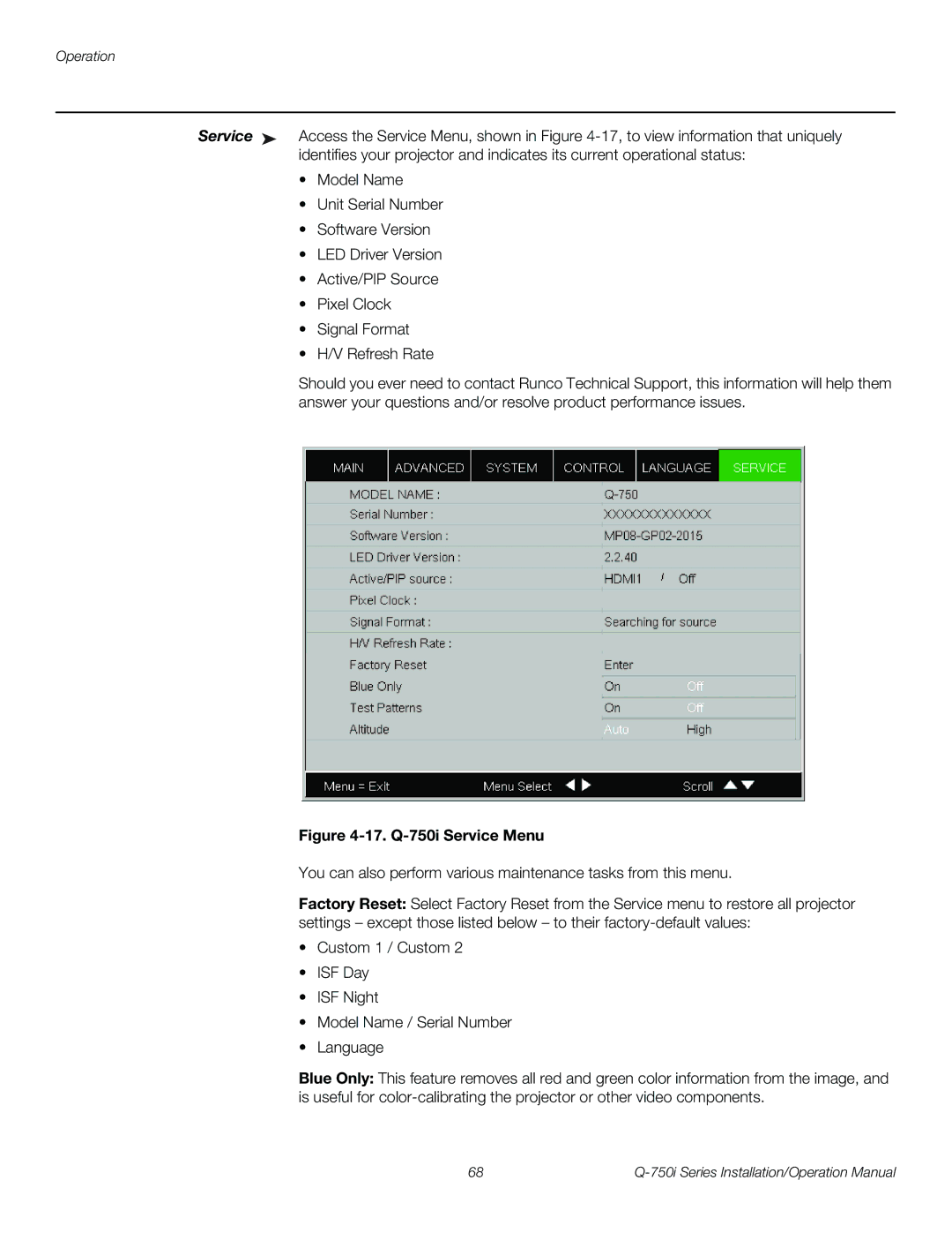 Runco Q-750I operation manual 17. Q-750i Service Menu 