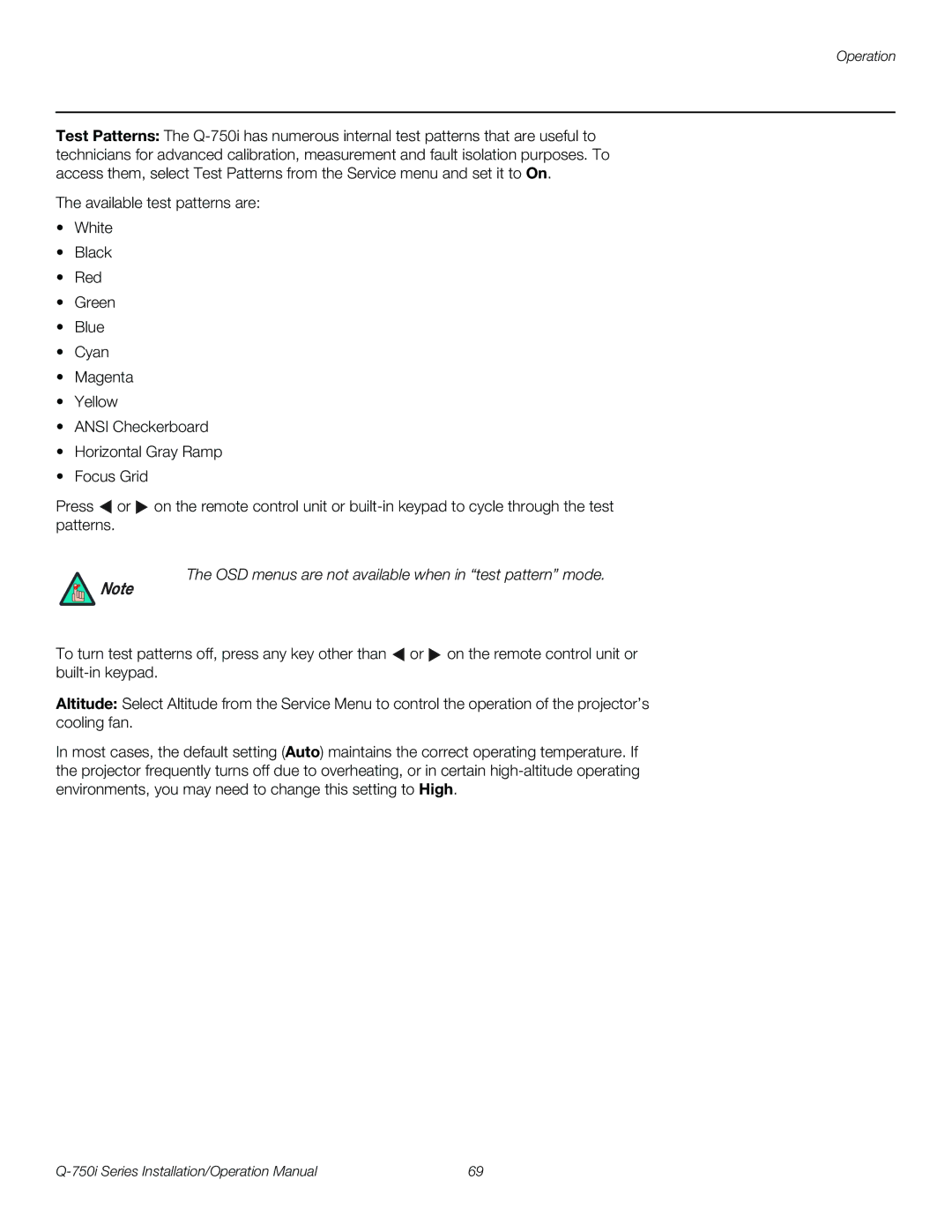 Runco Q-750I operation manual OSD menus are not available when in test pattern mode 