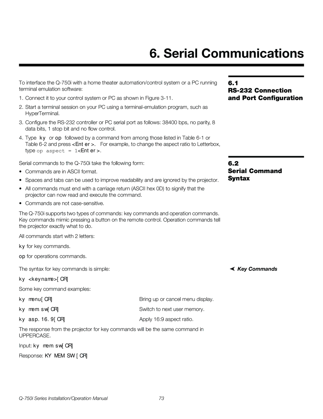 Runco Q-750I operation manual Serial Communications, Key Commands 