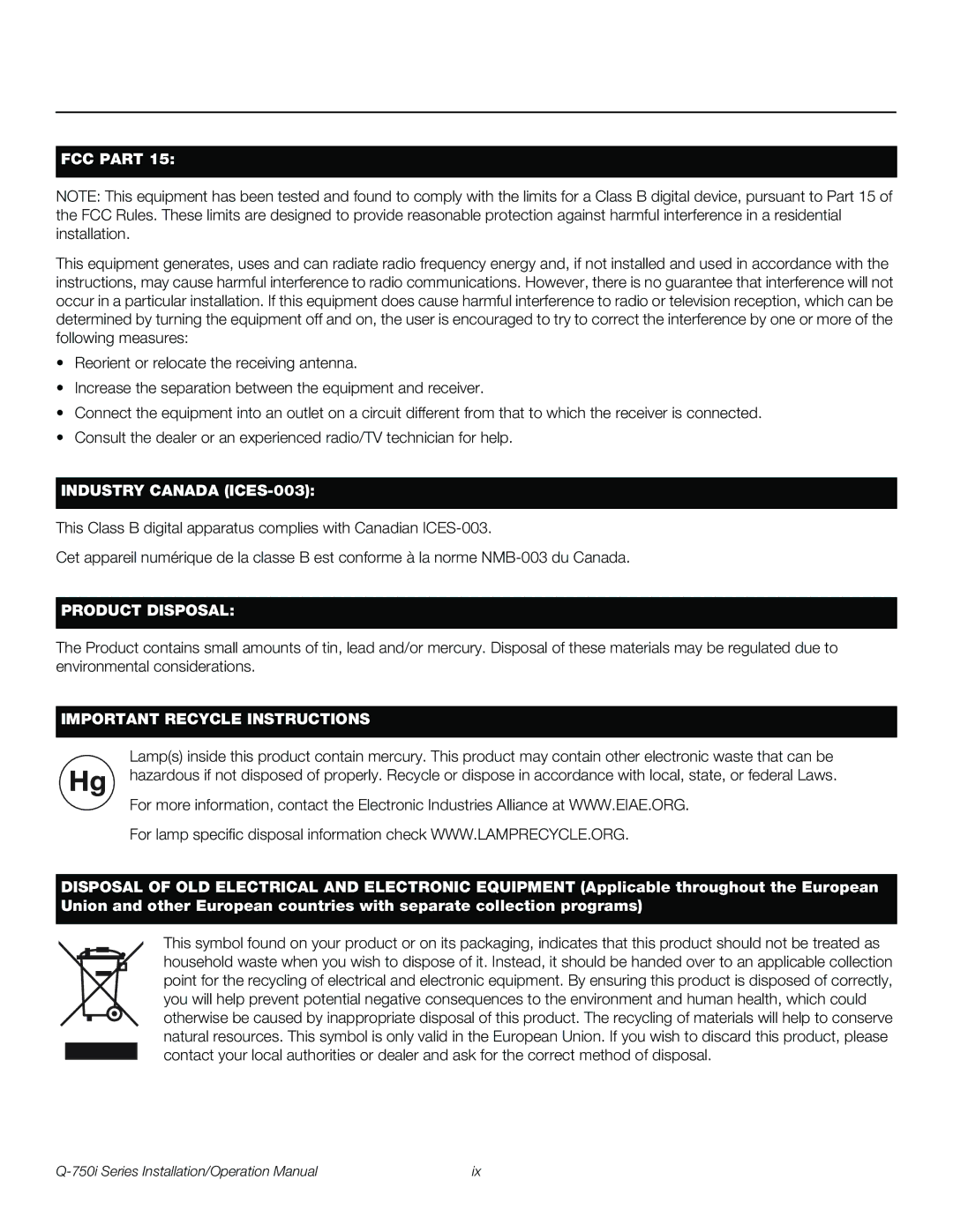 Runco Q-750I operation manual FCC Part 