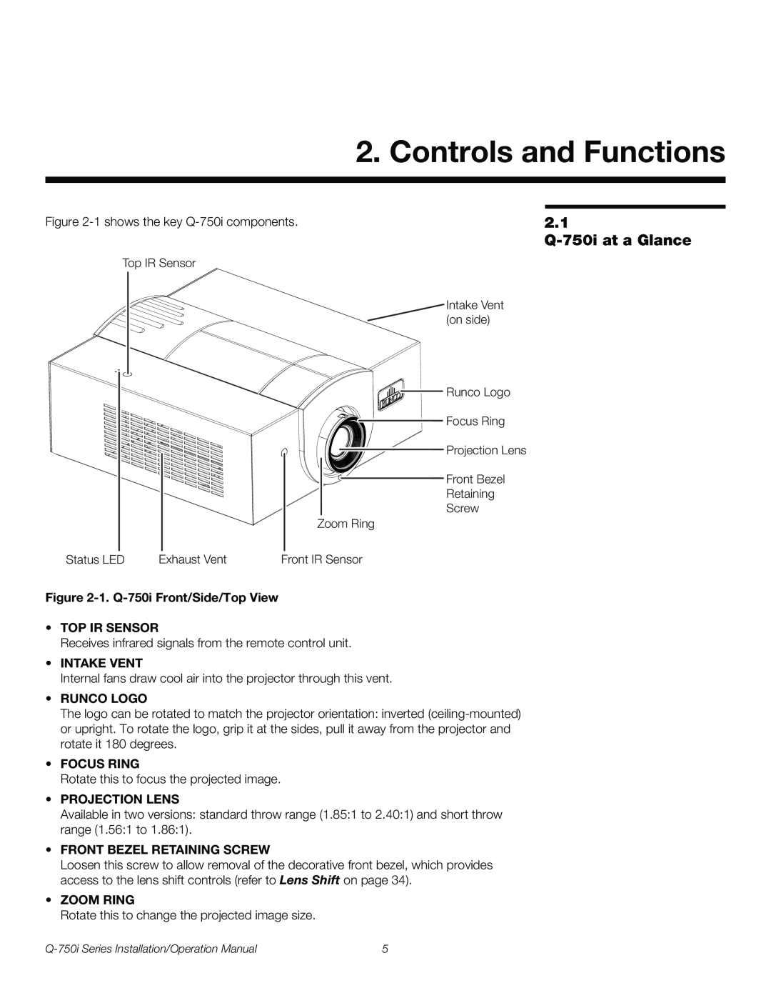Runco Q-750I operation manual Controls and Functions, 2.1 Q-750iat a Glance 