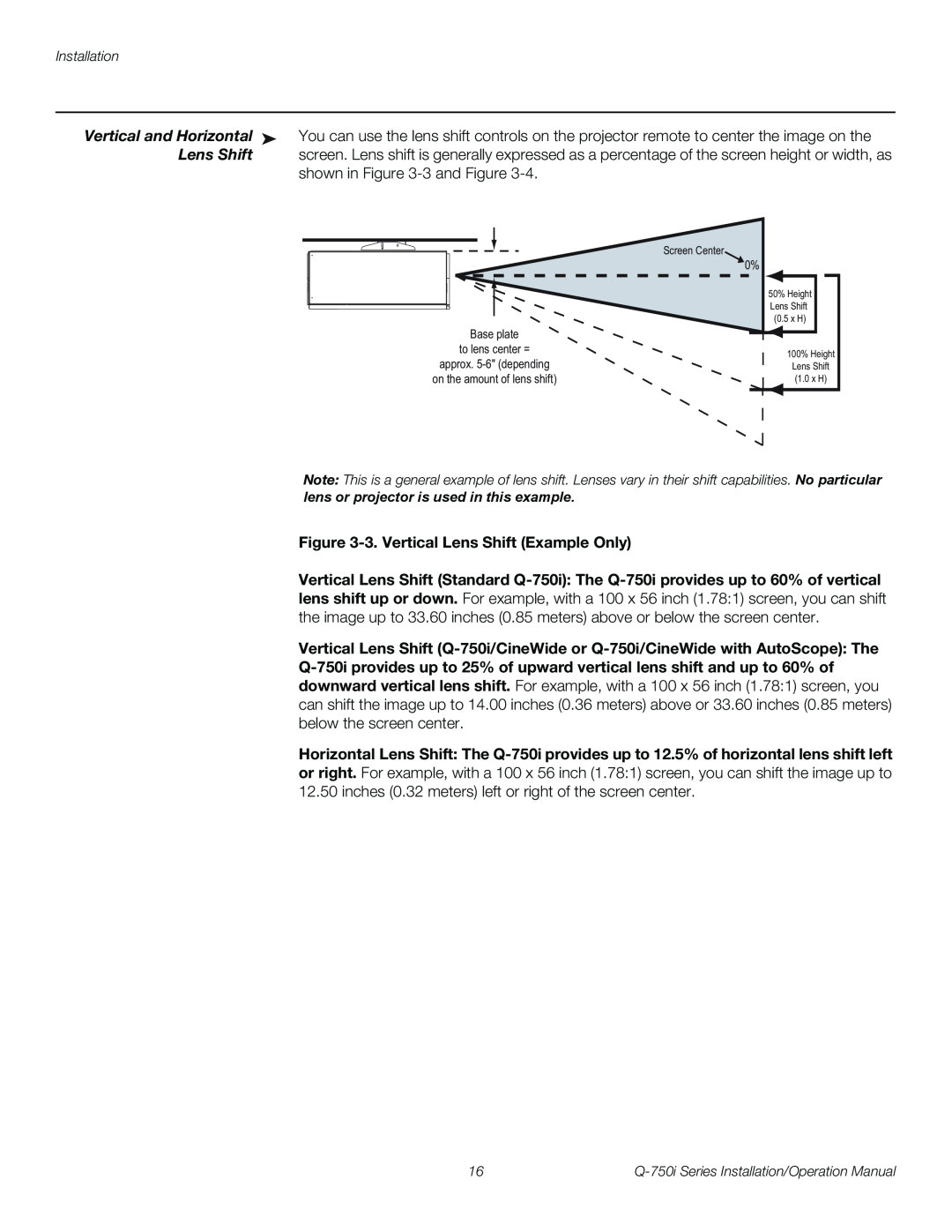 Runco Q-750I operation manual Vertical and Horizontal, 3.Vertical Lens Shift Example Only 