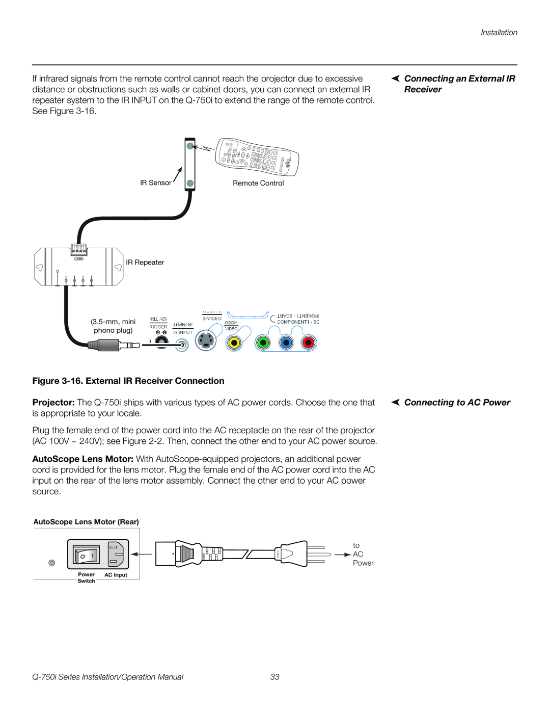 Runco Q-750I operation manual Connecting an External IR, Connecting to AC Power, 16.External IR Receiver Connection 